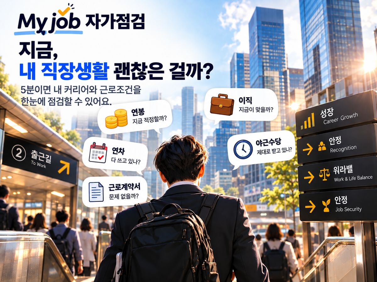 My job 자가점검 — 지금, 내 직장생활 괜찮은 걸까? 연봉·연차·근로계약서·이직·야근수당 고민을 5분 만에 점검